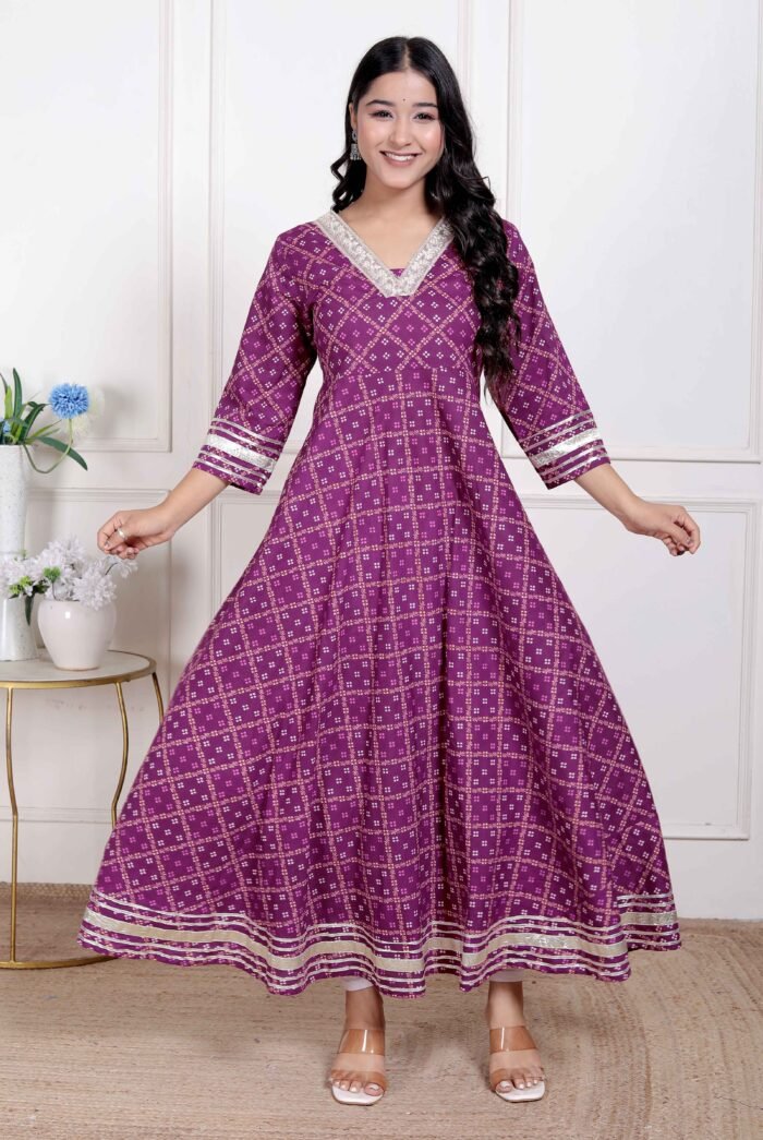 Women's Cotton Magenta Gota Lace And Embroidered Anarkali Kurta