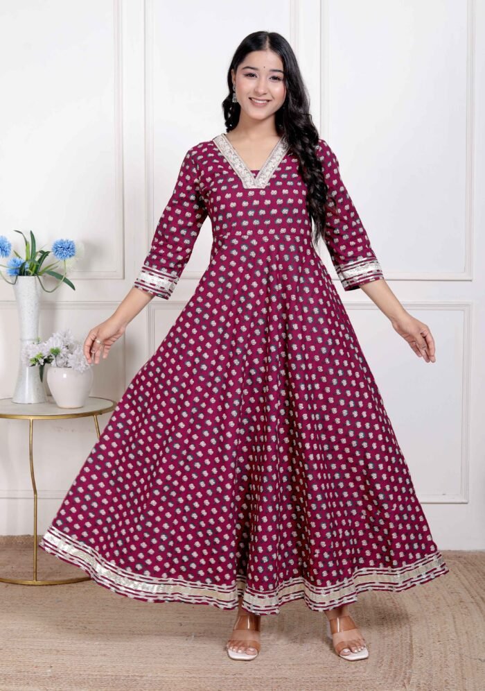 Women's Maroon Floral Print Soft Cotton Embroidered Anarkali Kurta