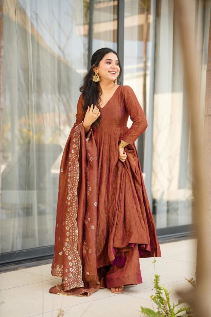 Women's Brown Chinon Embroidered Anarkali Set