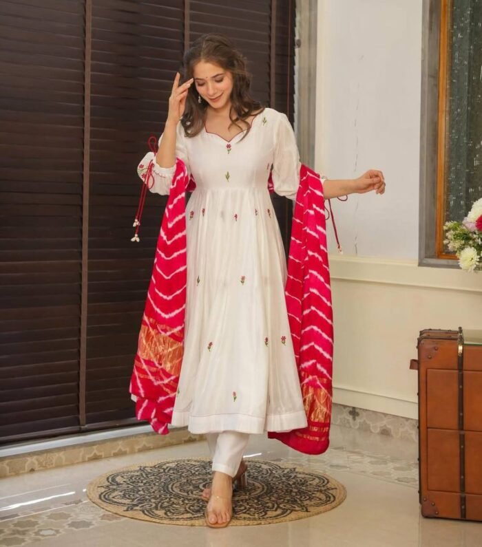 Women's White Chanderi Embroidered Anarkali Set