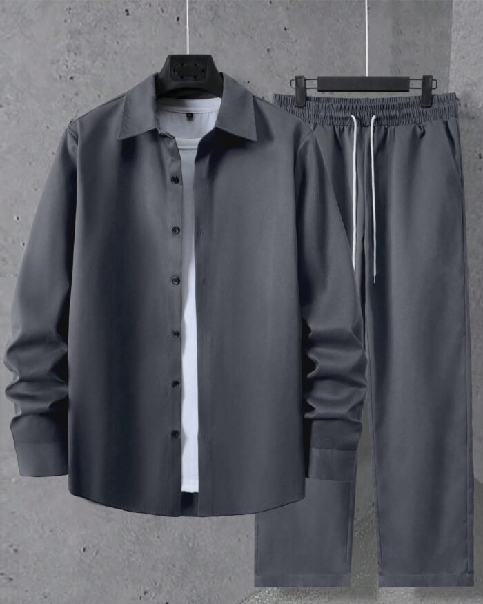 Men Casual Solid Long Sleeve Shirt and Pants Set