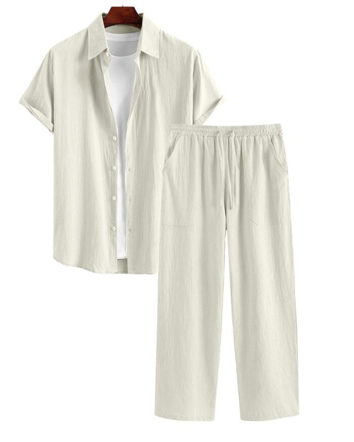 Men Two Piece Outfits Summer Comfortable Casual Short Sleeves Shirt And Pant Without Tee
