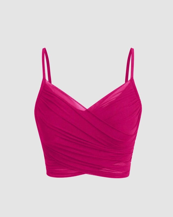 Mesh V-Neck Ruched Strappy Hot Pink Crop Top
