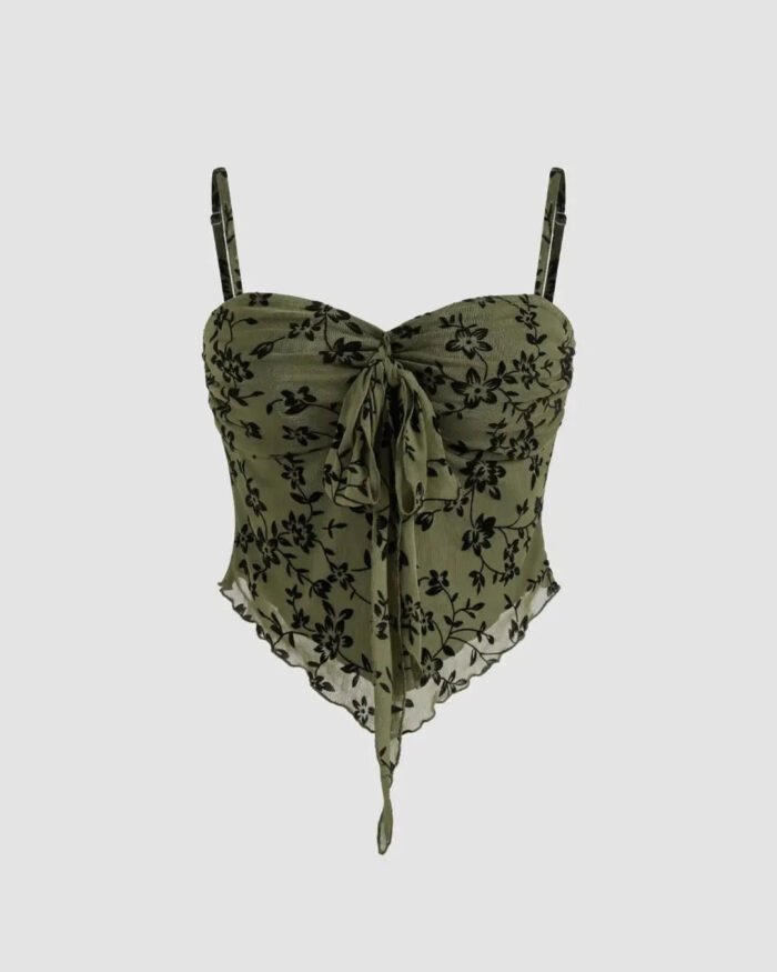 Mesh V-neck Floral Lettuce Trim Knotted Crop Cami Top