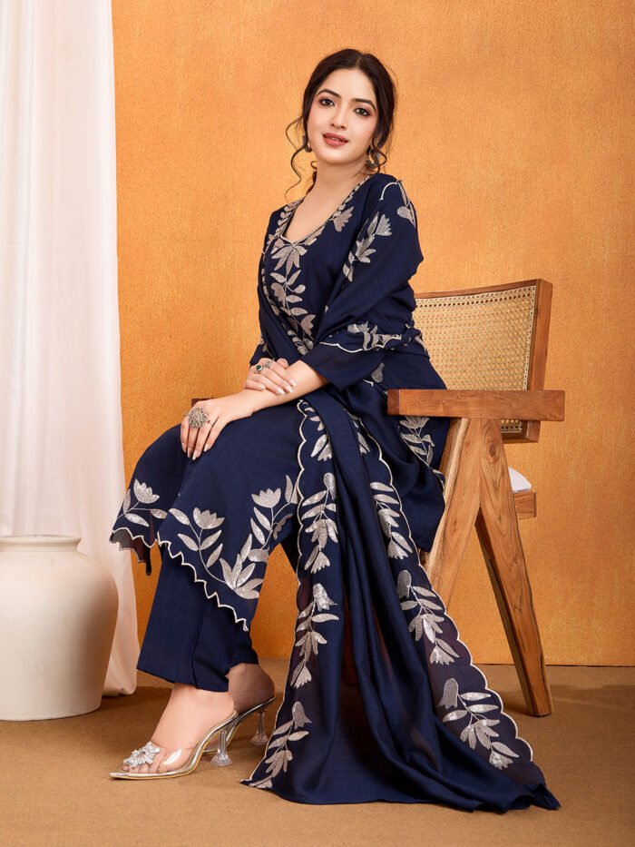 Women's Navy Blue Vichitra Silk Embroidery With Multi Sequence Work Kurta Set