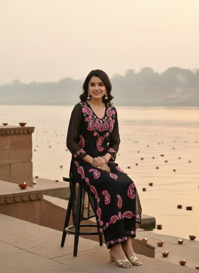 Women's Black Embroidered Kurta With Pant