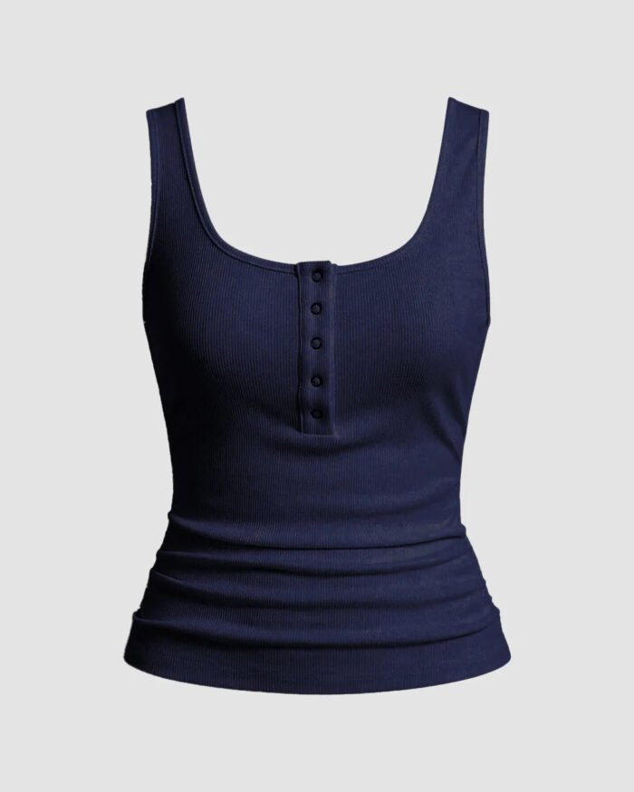 Navy Blue Ribbed Scoop Neck Tank Top with Buttons