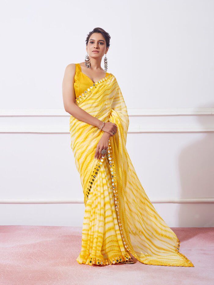 Women's Yellow Georgette Leheria Print With Paper Mirror Work Saree