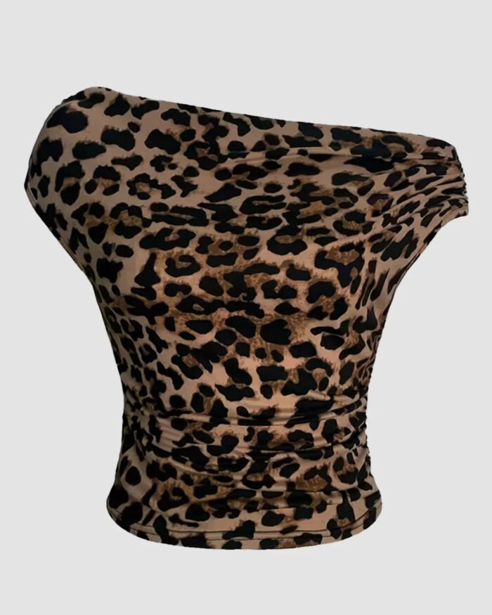 Off-Shoulder Leopard Print Fitted Stylish Draped Design Top