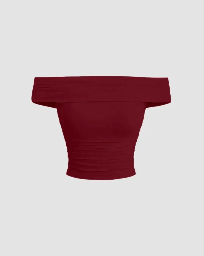 Off-Shoulder Ruched Crop Top in Maroon