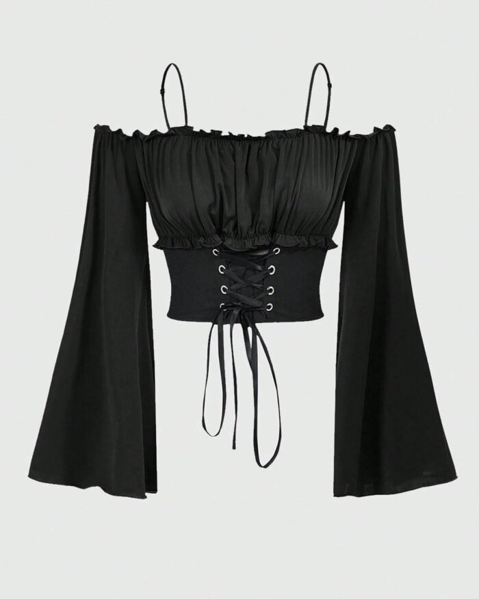 Off-The-Shoulder Bell Sleeve Short Top In Black