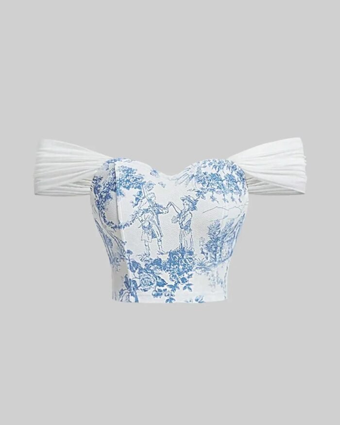 Off Shoulder Crop Blue And White Printed Corset Top