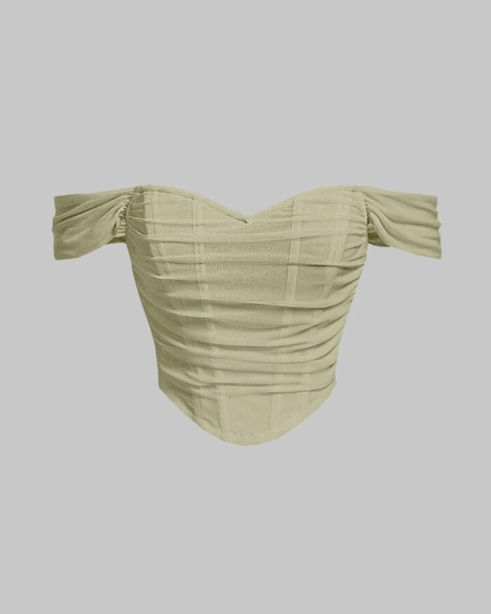 Off Shoulder Ruched Textured Solid Crop Top in Green