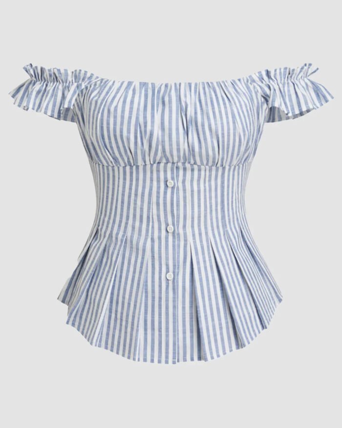 Off Shoulder Striped Button Down Top in Blue and White