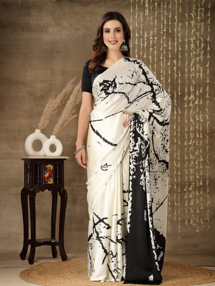 women's Off white Satin saree