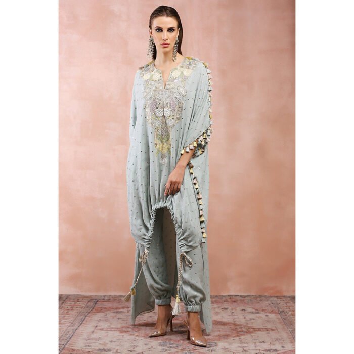 Hello Hi Powder Blue Applique Embroidered High Low Kaftan with Jogger Pants (Set of 2)