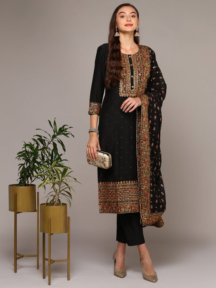Women's Black Silk Blend Solid Straight Suit Set