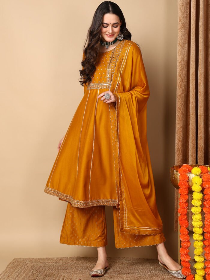 Women's Mustard Silk Blend Embroidered Anarkali Kurta Palazzo Set With Dupatta