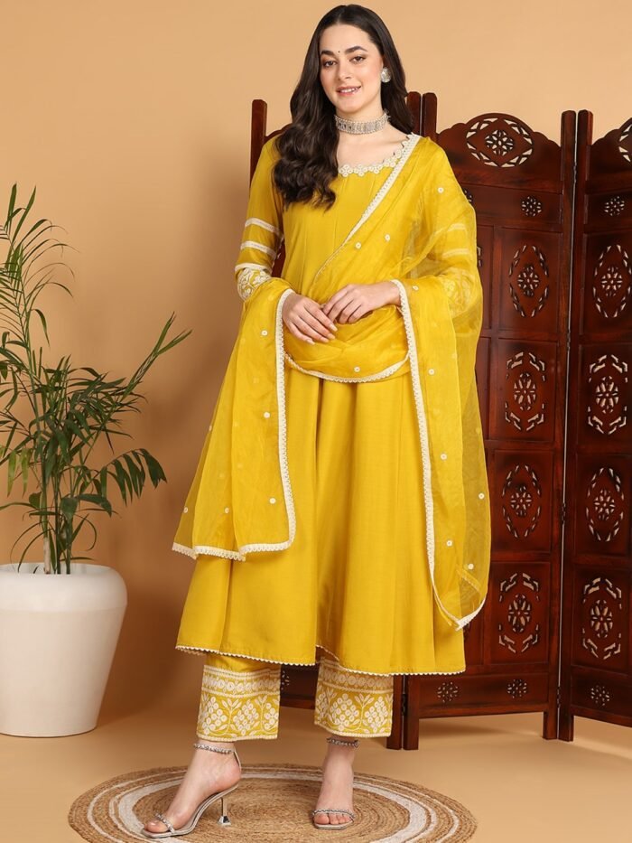 Women's Yellow Silk Blend Embroidered Anarkali Kurta Palazzo Set With Dupatta