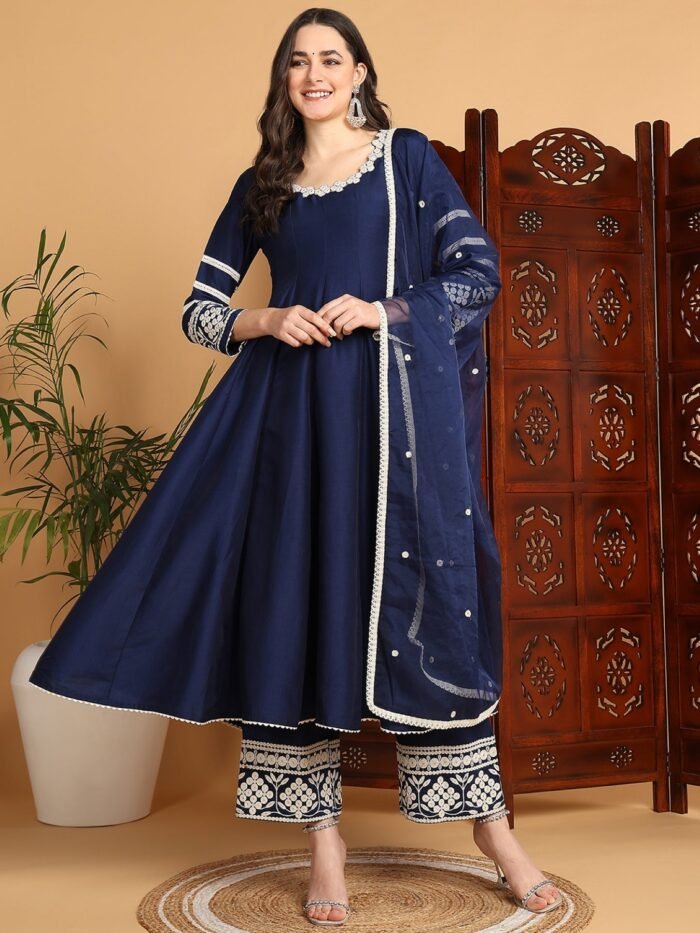 Women's Navy Blue Silk Blend Embroidered Anarkali Kurta Palazzo Set With Dupatta