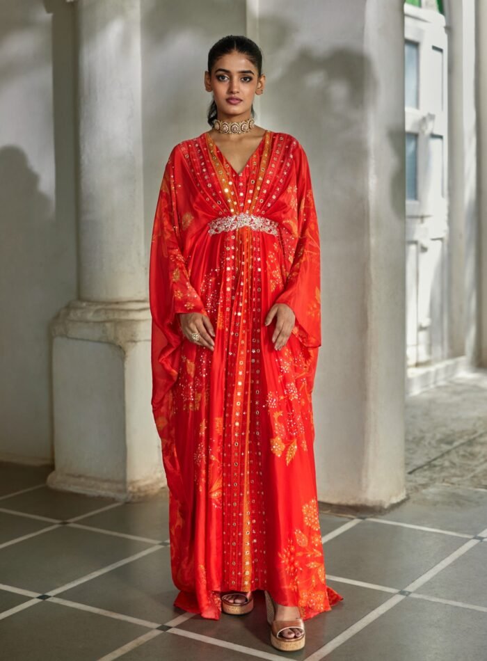 Sunset red festive kaftan with inner