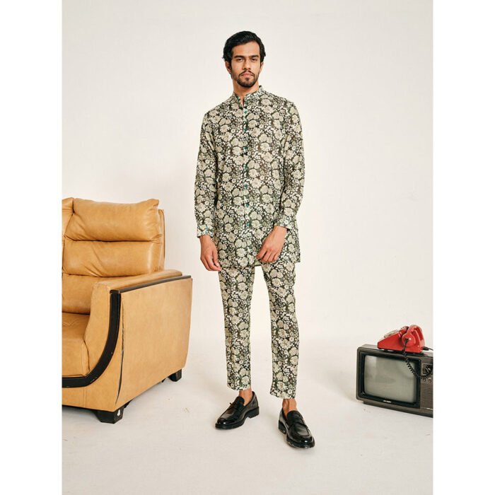 Hello Hi Forest Green Print Kora Chanderi Kurta with Pajama (Set of 2)
