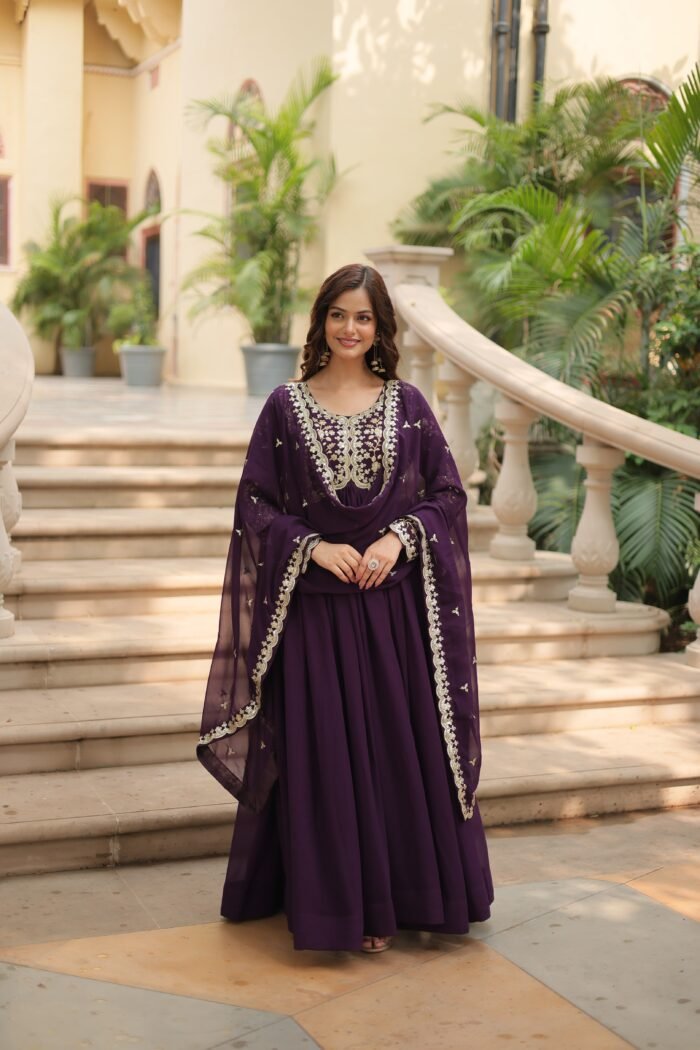 Women's Wine Faux Blooming Georgette  Sequins-Multi & Zari Embroidered Work Round Neck Gown