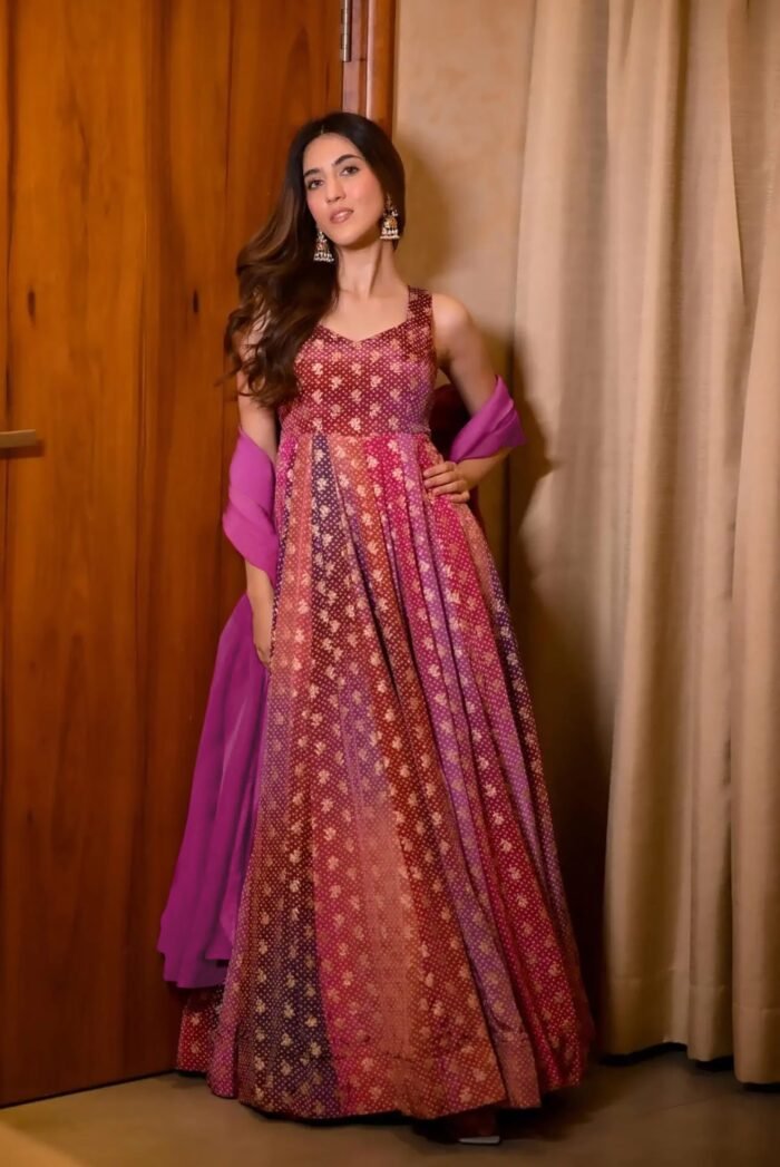 Women's Purple Heavy Airtex Chinon Heavy Airtex Chinon V Neck Gown