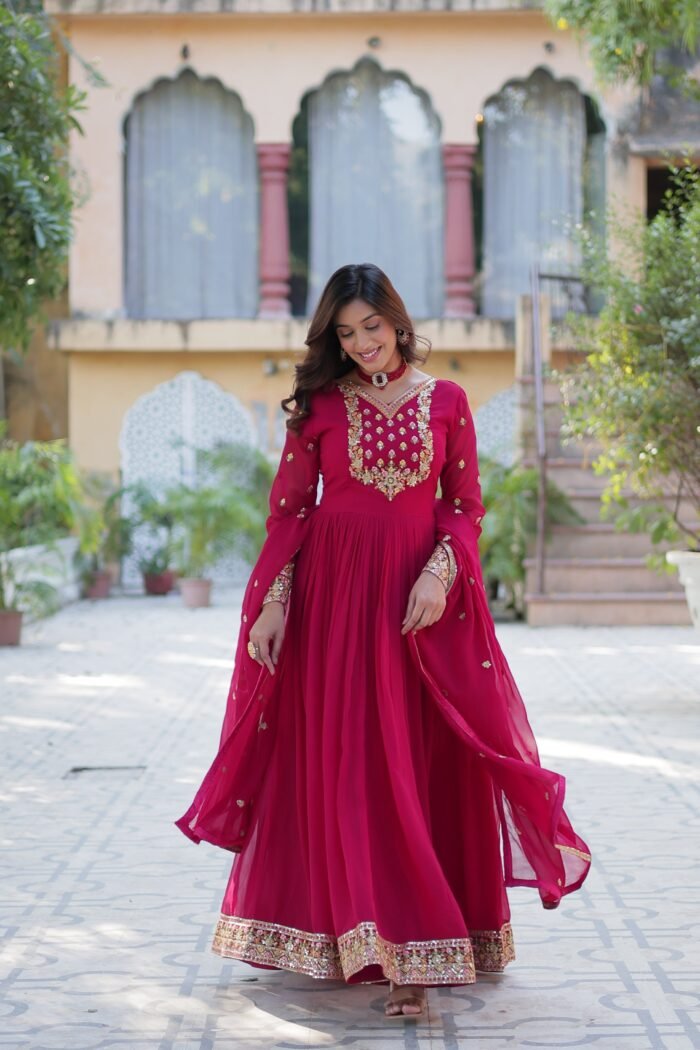 Women's Pink Faux Blooming Georgette  Sequins Embroidered Work V Neck Gown