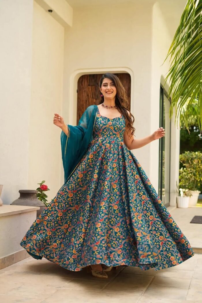 Women's Multi Silk Digital Print  V Neck Gown