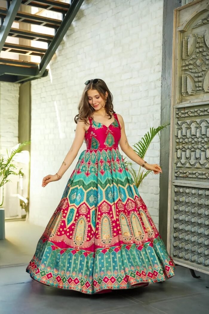 Women's Multi Color Silk Digital Print V Neck Gown