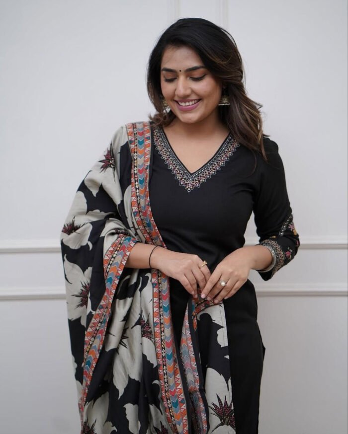 Women's Black Viscose Silk Viscose Silk With Sequence Embroidery Work Rounk Nack Anarkali Set