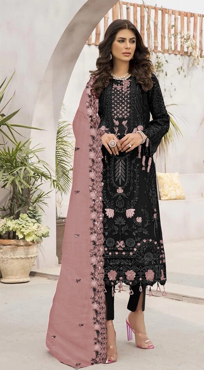 Women's Black Embroidered Georgette Semi-Stitched Pakistani Salwar Suit