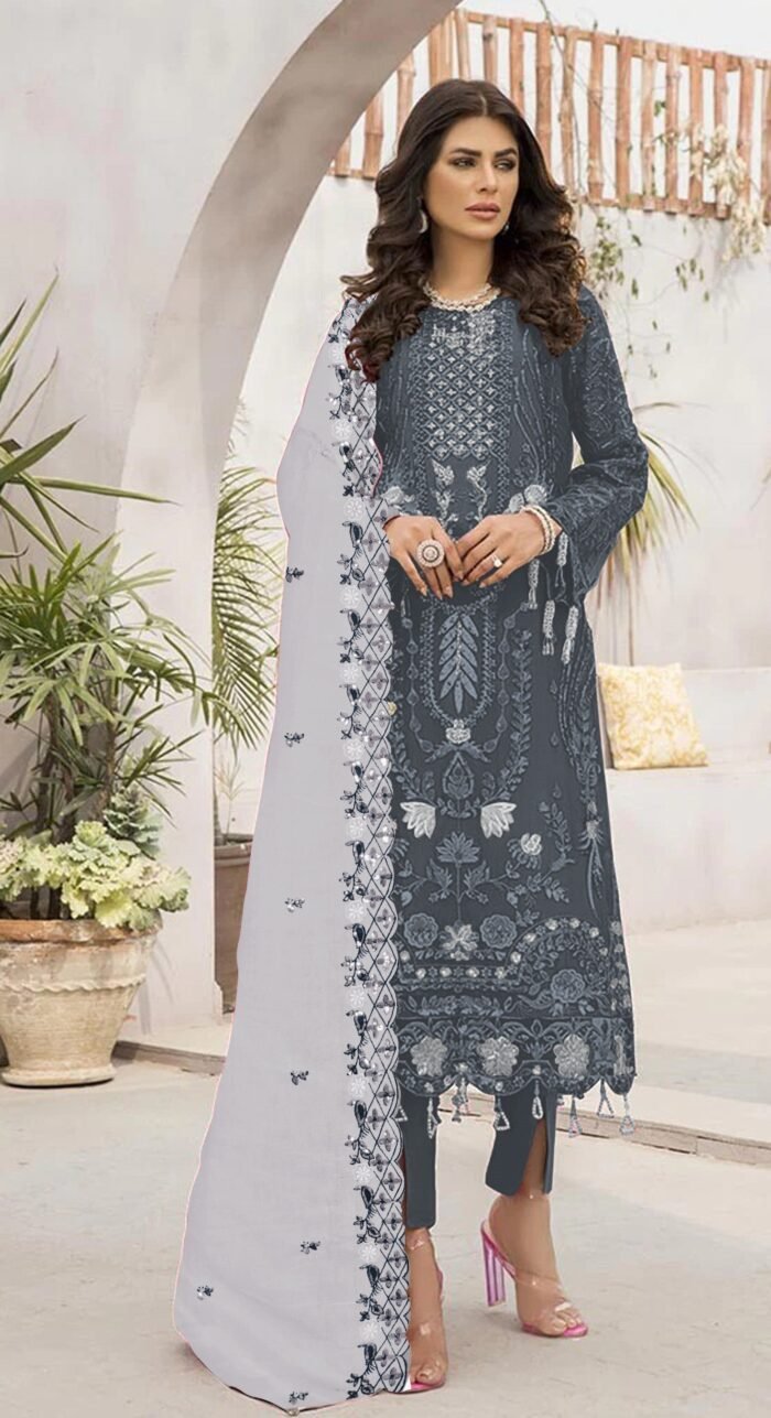 Women's Grey Embroidered Georgette Semi-Stitched Pakistani Salwar Suit