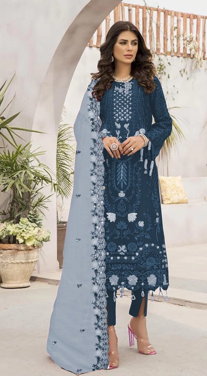 Women's Blue Embroidered Georgette Semi-Stitched Pakistani Salwar Suit