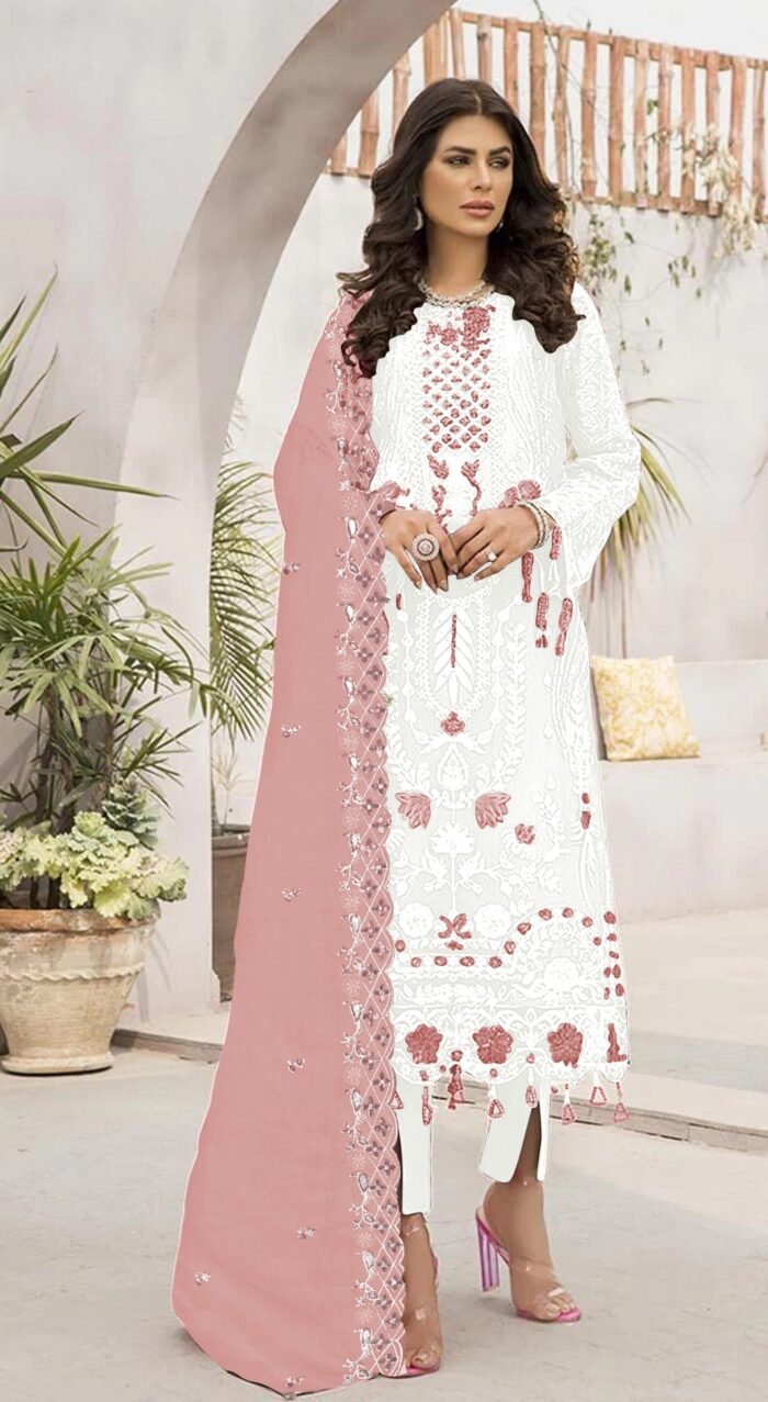 Women's White Embroidered Georgette Semi-Stitched Pakistani Salwar Suit