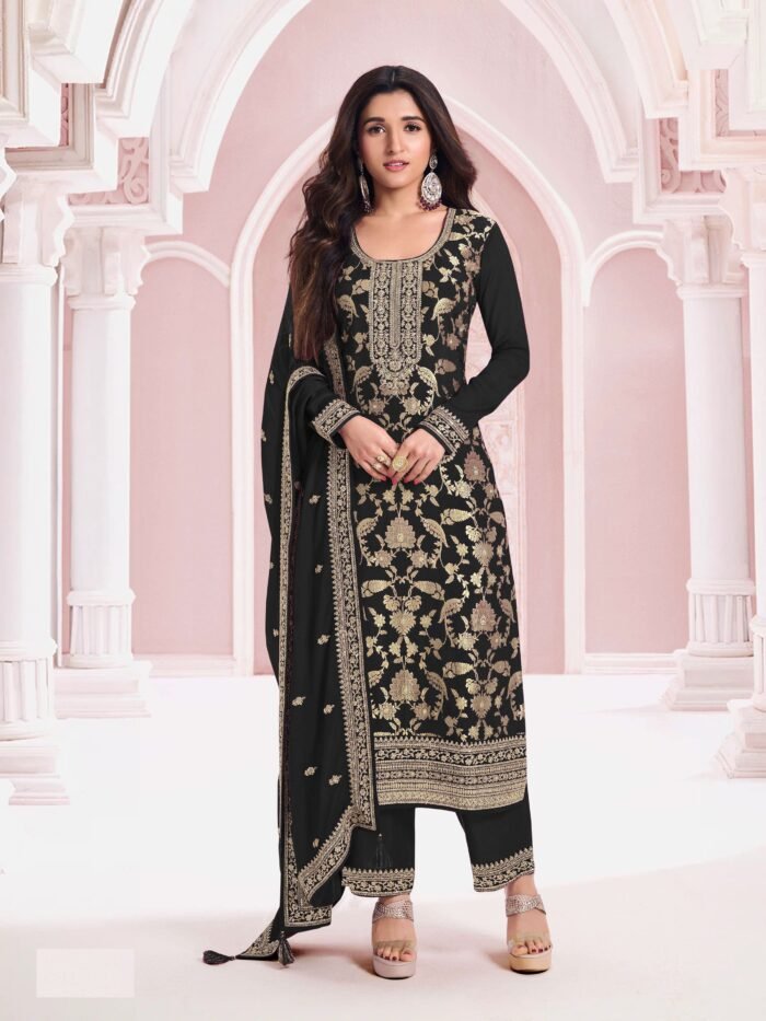 Women's Black Embroidered Jacquard Viscos Semi-Stitched Pakistani Salwar Suit