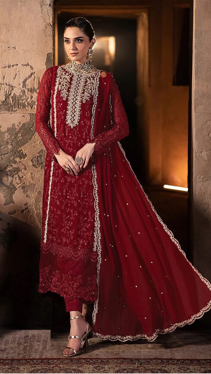 Women's Red Embroidered Georgette Semi-Stitched Pakistani Salwar Suit