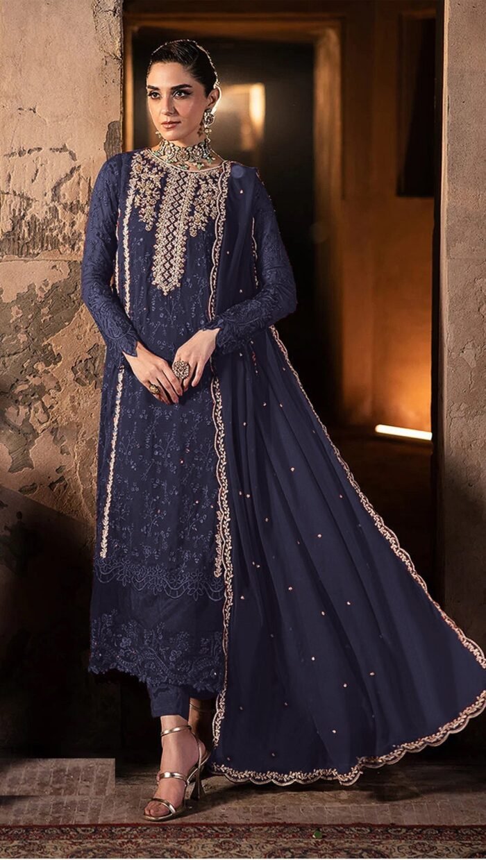 Women's Blue Embroidered Georgette Semi-Stitched Pakistani Salwar Suit