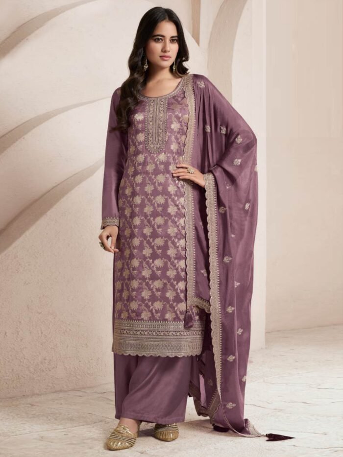 Women's Purple Embroidered Jacquard Semi-Stitched Pakistani Salwar Suit