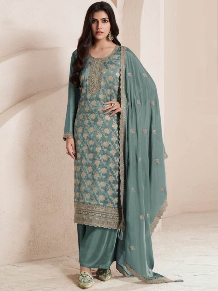 Women's Green Embroidered Jacquard Semi-Stitched Pakistani Salwar Suit