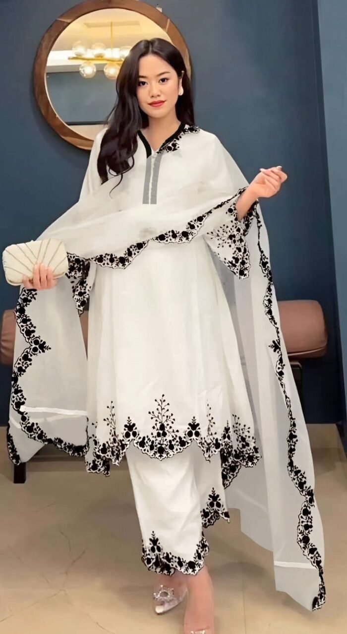 Women's White Embroidered Faux Georgette Free Size Stitched Pakistani Salwar Suit
