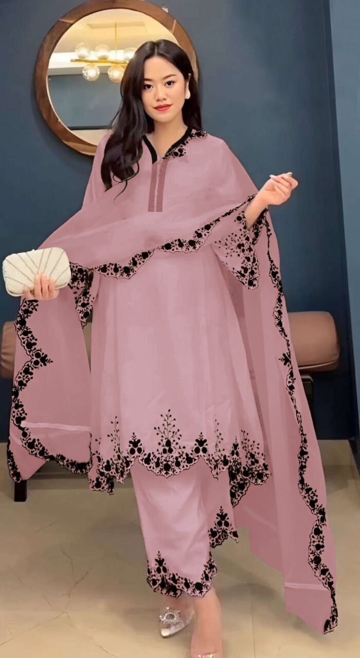 Women's Pink Embroidered Faux Georgette Free Size Stitched Pakistani Salwar Suit