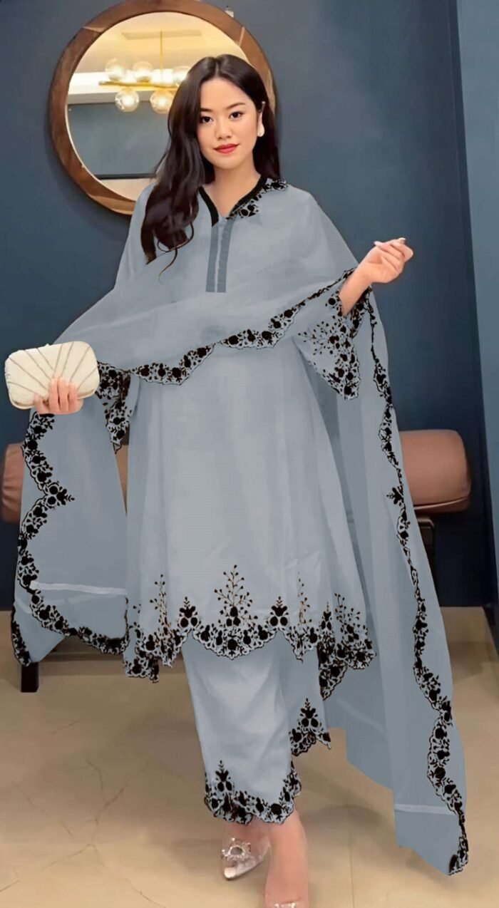 Women's Light Grey Embroidered Faux Georgette Free Size Stitched Pakistani Salwar Suit