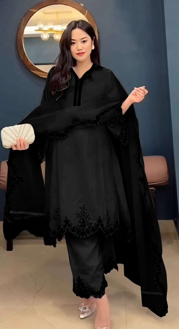 Women's Black Embroidered Faux Georgette Free Size Stitched Pakistani Salwar Suit