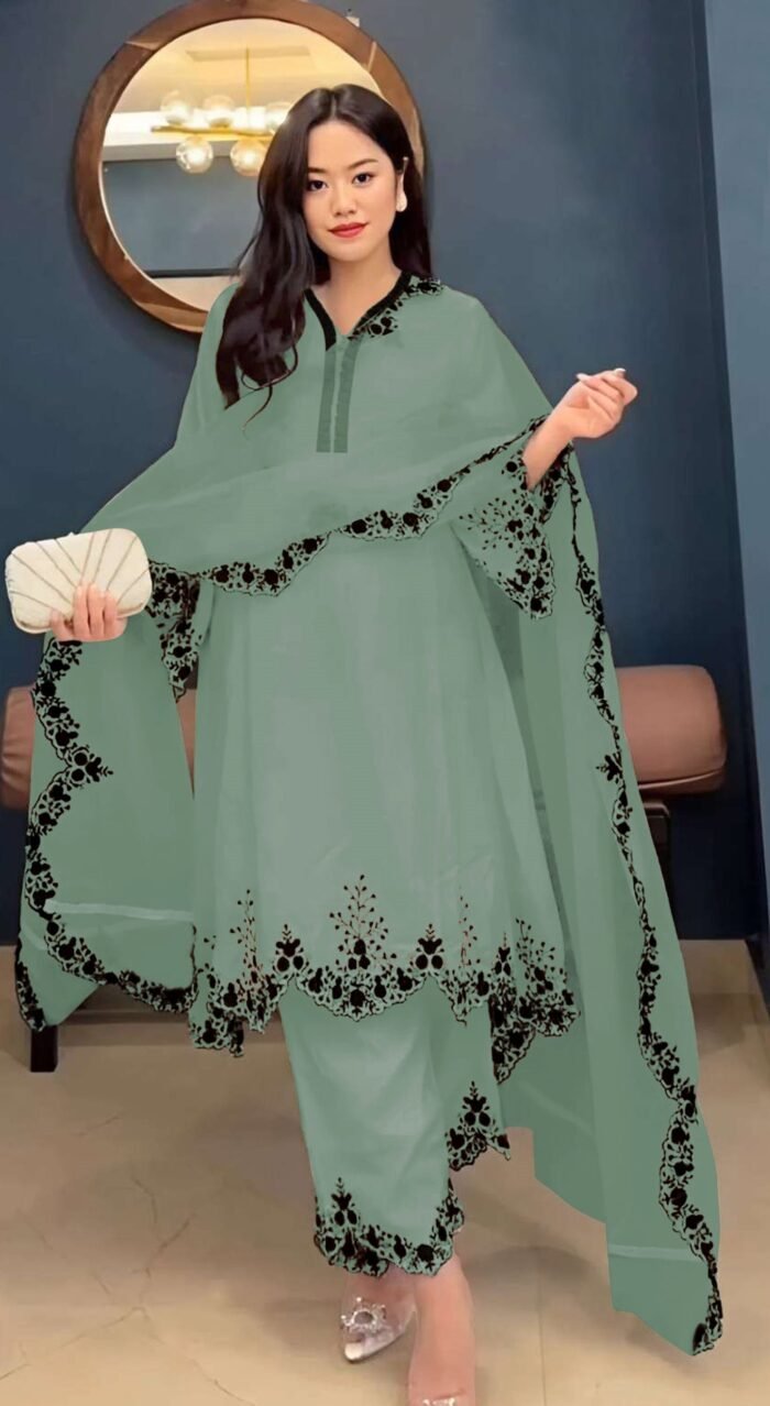 Women's Light Green Embroidered Faux Georgette Free Size Stitched Pakistani Salwar Suit