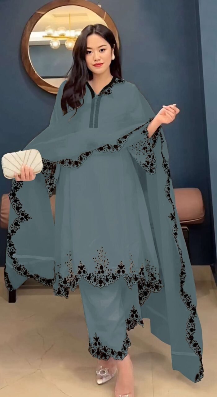 Women's Grey Embroidered Faux Georgette Free Size Stitched Pakistani Salwar Suit