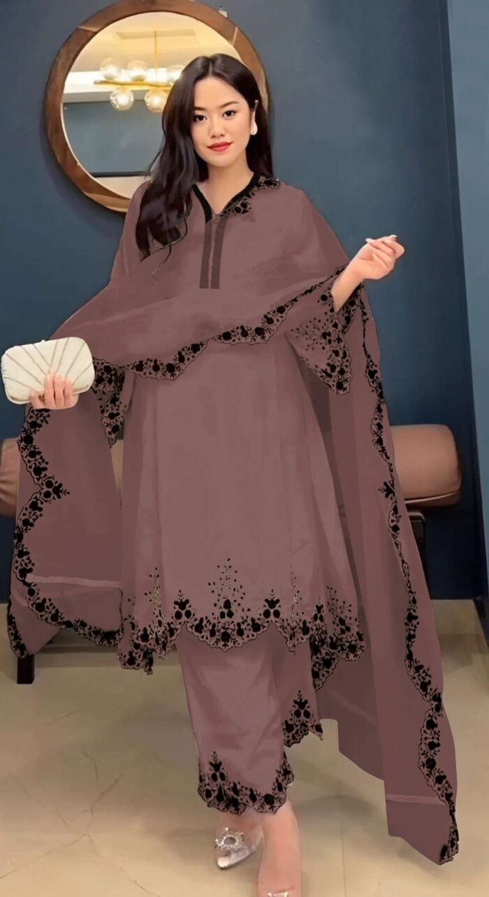 Women's Brown Embroidered Faux Georgette Free Size Stitched Pakistani Salwar Suit