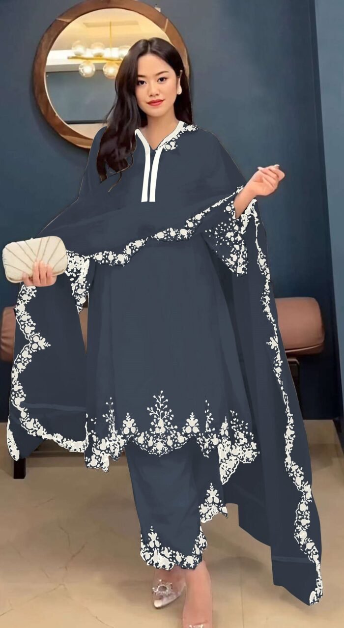 Women's Dark Grey Embroidered Faux Georgette Free Size Stitched Pakistani Salwar Suit