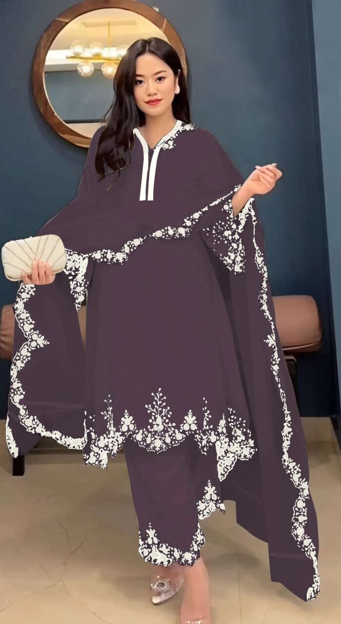 Women's Wine Embroidered Faux Georgette Free Size Stitched Pakistani Salwar Suit